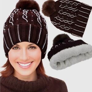 Cable Knit Bling Fleece lined Beanie with Pom Pom, Brown